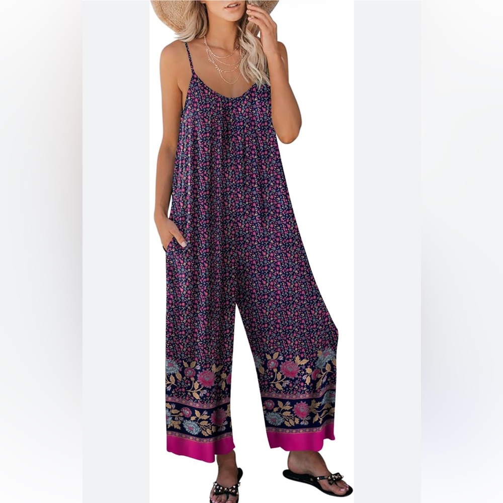 ANRABESS Navy Wide-Leg Spaghetti-Strap Jumpsuit with Pink Border